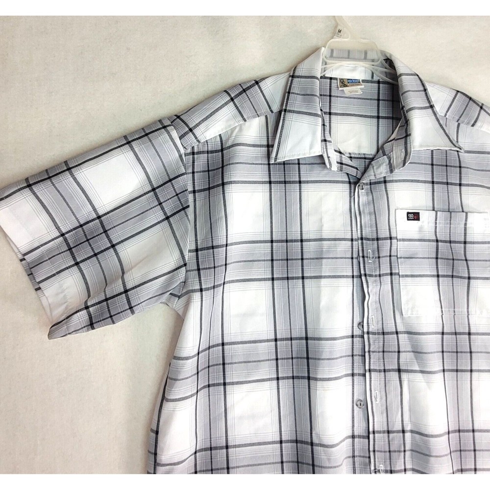 OSO Mens 2XL Shirt Black Gray Plaid Check Short Sleeve Pocket Logo Casual Stains